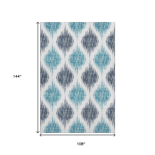 HomeRoots 9' X 12' Blue And Ivory Ikat Area Rug - Stylish, Washable, Stain Resistant with UV Protection for Homes 667460