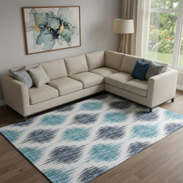 HomeRoots 10' X 14' Blue And Ivory Ikat Area Rug - Soft, Washable, UV-Protected for Family Rooms & More! 667461