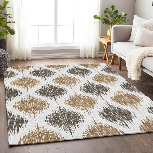 HomeRoots 5' X 8' Chocolate and Ivory Ikat Area Rug - Durable, Washable, UV-Protected for Modern Living Spaces 667463