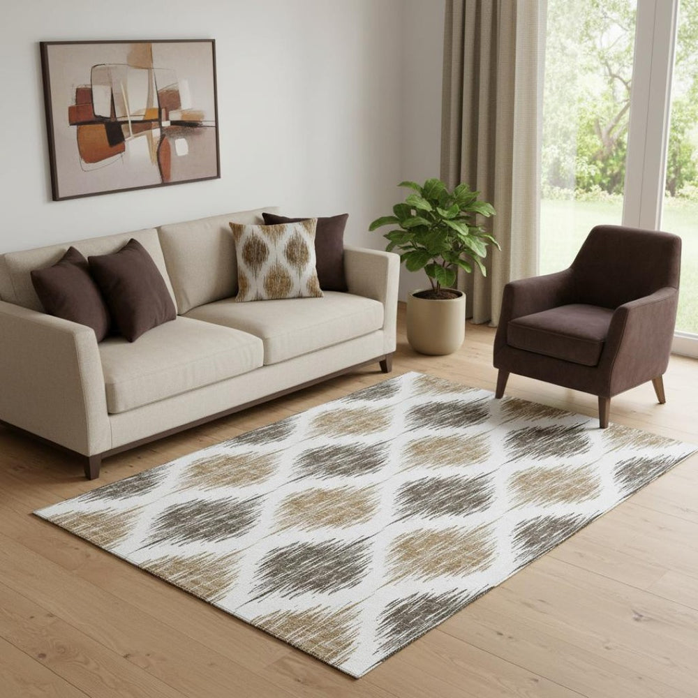 HomeRoots 5' X 8' Chocolate and Ivory Ikat Area Rug - Durable, Washable, UV-Protected for Modern Living Spaces 667463
