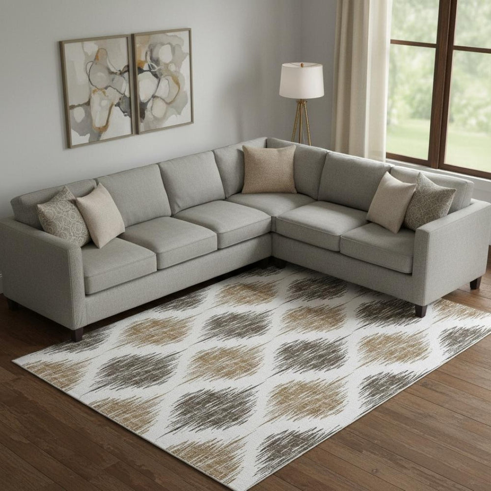 HomeRoots 9' X 12' Chocolate & Ivory Ikat Area Rug – Durable, Washable, UV Protected for Stylish Living Spaces 667466