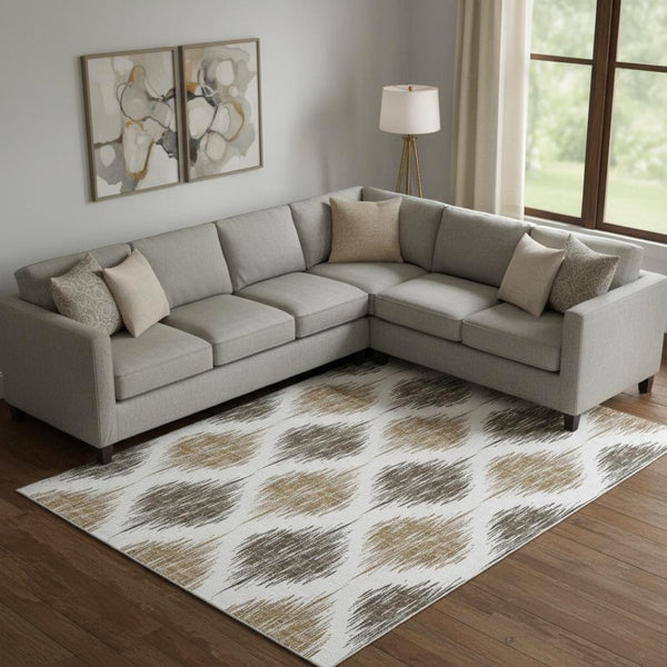 HomeRoots 9' X 12' Chocolate & Ivory Ikat Area Rug – Durable, Washable, UV Protected for Stylish Living Spaces 667466