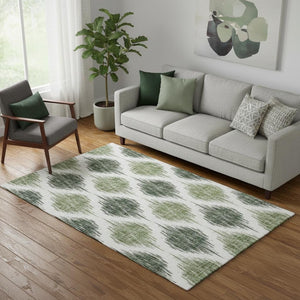 HomeRoots 5' X 8' Fern Green & Ivory Ikat Washable Area Rug - Durable, Stain Resistant, UV Protected Design 667469