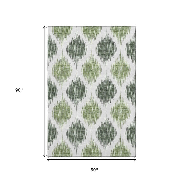 HomeRoots 5' X 8' Fern Green & Ivory Ikat Washable Area Rug - Durable, Stain Resistant, UV Protected Design 667469