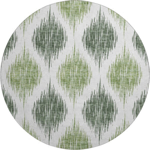 HomeRoots 8' Fern Green and Ivory Ikat Round Rug - Washable, UV Protected, Durable for High-Traffic Areas 667470