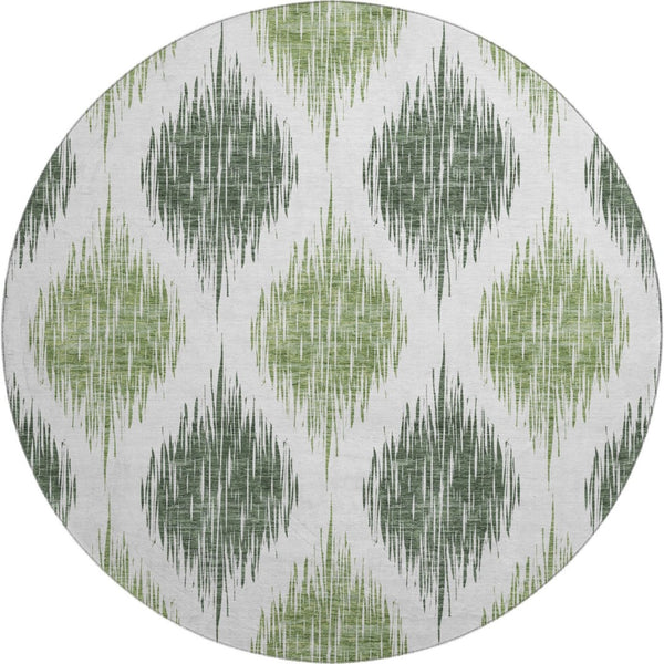 HomeRoots 8' Fern Green and Ivory Ikat Round Rug - Washable, UV Protected, Durable for High-Traffic Areas 667470