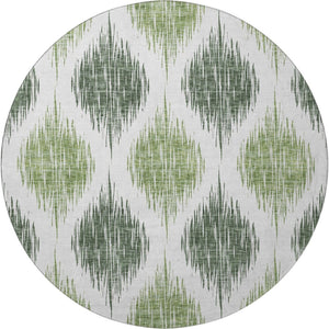 HomeRoots 8' Fern Green and Ivory Ikat Round Rug - Washable, UV Protected, Durable for High-Traffic Areas 667470