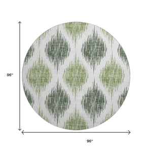 HomeRoots 8' Fern Green and Ivory Ikat Round Rug - Washable, UV Protected, Durable for High-Traffic Areas 667470
