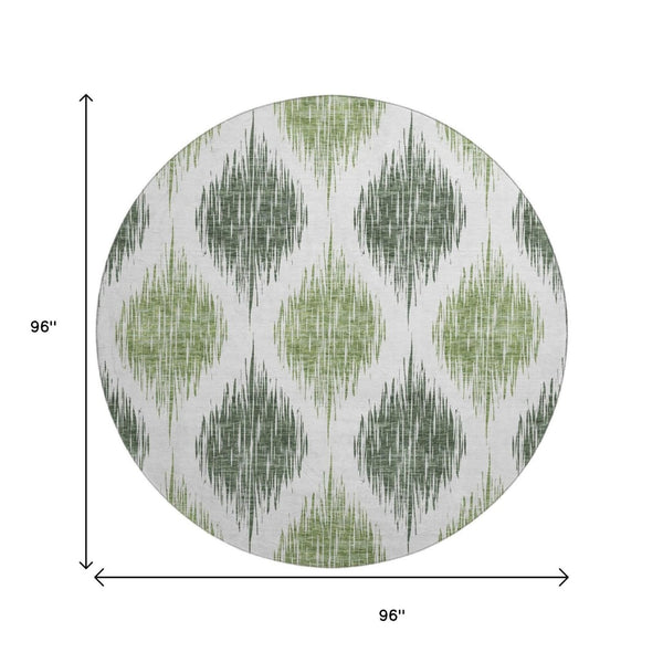 HomeRoots 8' Fern Green and Ivory Ikat Round Rug - Washable, UV Protected, Durable for High-Traffic Areas 667470