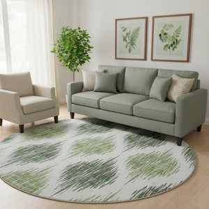 HomeRoots 8' Fern Green and Ivory Ikat Round Rug - Washable, UV Protected, Durable for High-Traffic Areas 667470