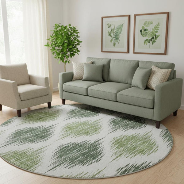 HomeRoots 8' Fern Green and Ivory Ikat Round Rug - Washable, UV Protected, Durable for High-Traffic Areas 667470