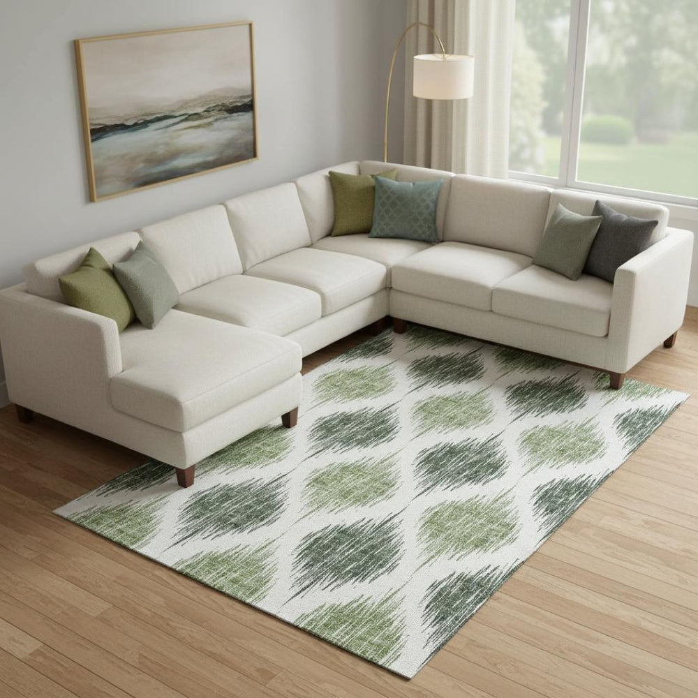 HomeRoots 8' X 10' Stylish Fern Green Ikat Area Rug - Washable, UV Protected, Durable for Homes & Patios 667471