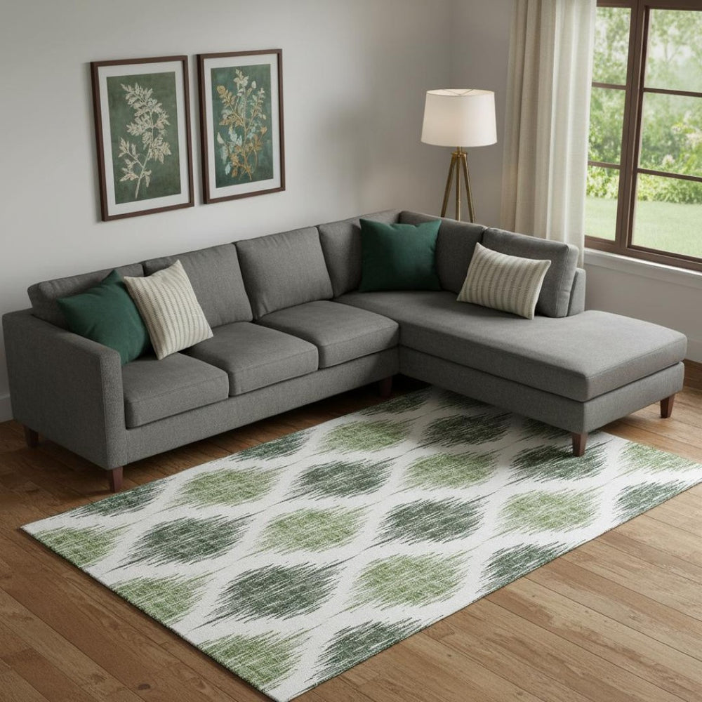 HomeRoots 9' X 12' Stylish Fern Green & Ivory Ikat Area Rug - Washable, UV Protected, Pet-Friendly Design! 667472
