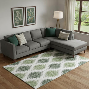 HomeRoots 9' X 12' Stylish Fern Green & Ivory Ikat Area Rug - Washable, UV Protected, Pet-Friendly Design! 667472