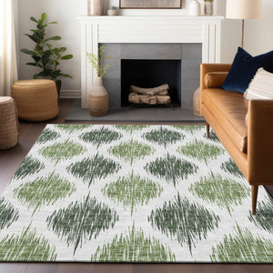 HomeRoots 9' X 12' Stylish Fern Green & Ivory Ikat Area Rug - Washable, UV Protected, Pet-Friendly Design! 667472