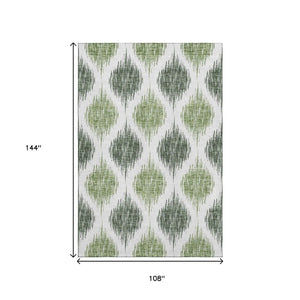 HomeRoots 9' X 12' Stylish Fern Green & Ivory Ikat Area Rug - Washable, UV Protected, Pet-Friendly Design! 667472