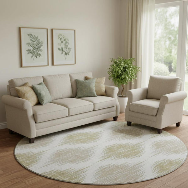 HomeRoots 8' Gold And Ivory Ikat Round Rug - Durable, Washable, UV-Protected Elegance for Modern Spaces 667476