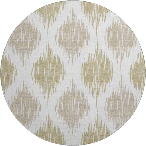 HomeRoots 8' Gold And Ivory Ikat Round Rug - Durable, Washable, UV-Protected Elegance for Modern Spaces 667476