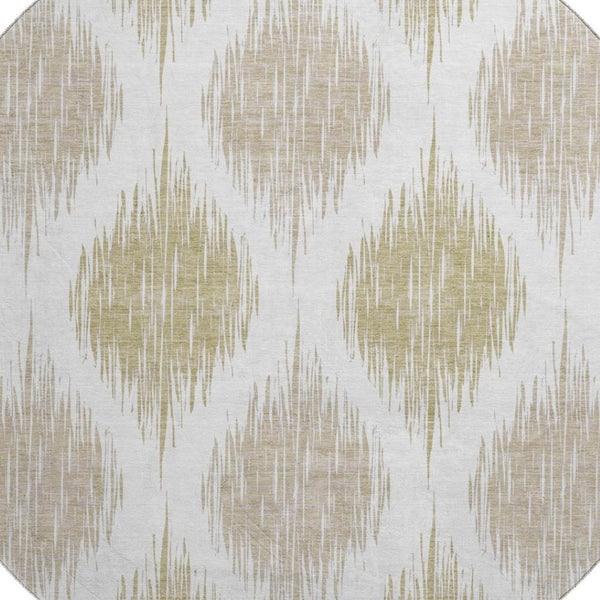 HomeRoots 8' Gold And Ivory Ikat Round Rug - Durable, Washable, UV-Protected Elegance for Modern Spaces 667476