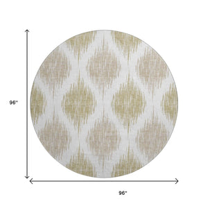 HomeRoots 8' Gold And Ivory Ikat Round Rug - Durable, Washable, UV-Protected Elegance for Modern Spaces 667476