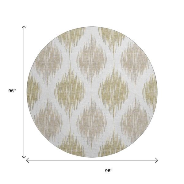 HomeRoots 8' Gold And Ivory Ikat Round Rug - Durable, Washable, UV-Protected Elegance for Modern Spaces 667476