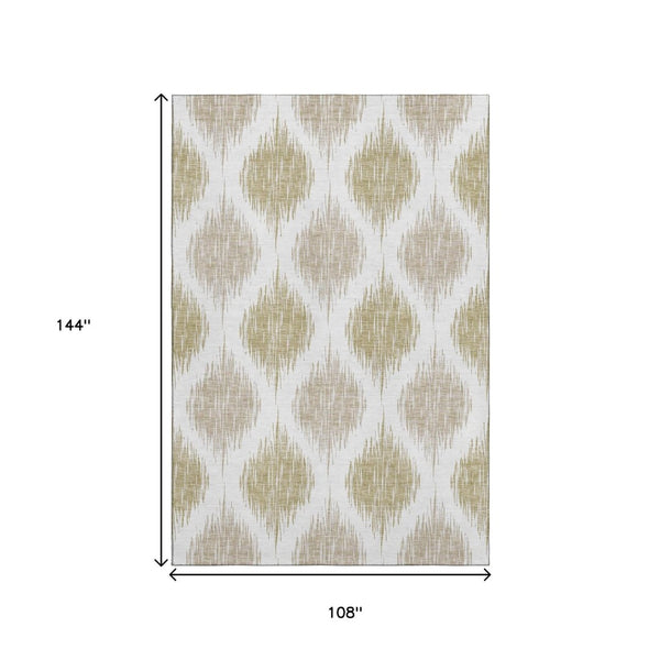 HomeRoots 9' X 12' Ikat Area Rug in Gold and Ivory - Washable, UV-Protected, Stylish Comfort for Busy Homes 667478