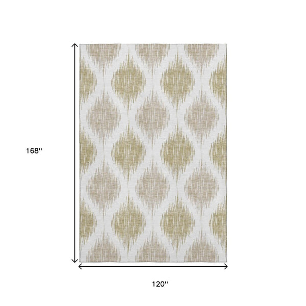 HomeRoots 10' Gold and Ivory Ikat Washable Area Rug - UV Protected, Stain-Resistant, Soft, Durable Design! 667479