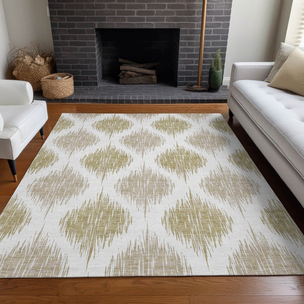HomeRoots 10' Gold and Ivory Ikat Washable Area Rug - UV Protected, Stain-Resistant, Soft, Durable Design! 667479