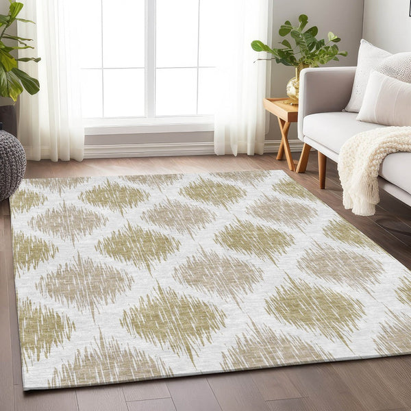 HomeRoots 10' Gold and Ivory Ikat Washable Area Rug - UV Protected, Stain-Resistant, Soft, Durable Design! 667479