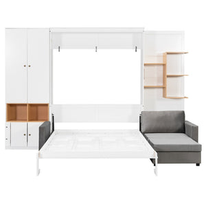 English Elm Queen Murphy Wall Bed with Velvet Sofa Built in Shelves Cabinets and Reading Lights White LP000393AAK