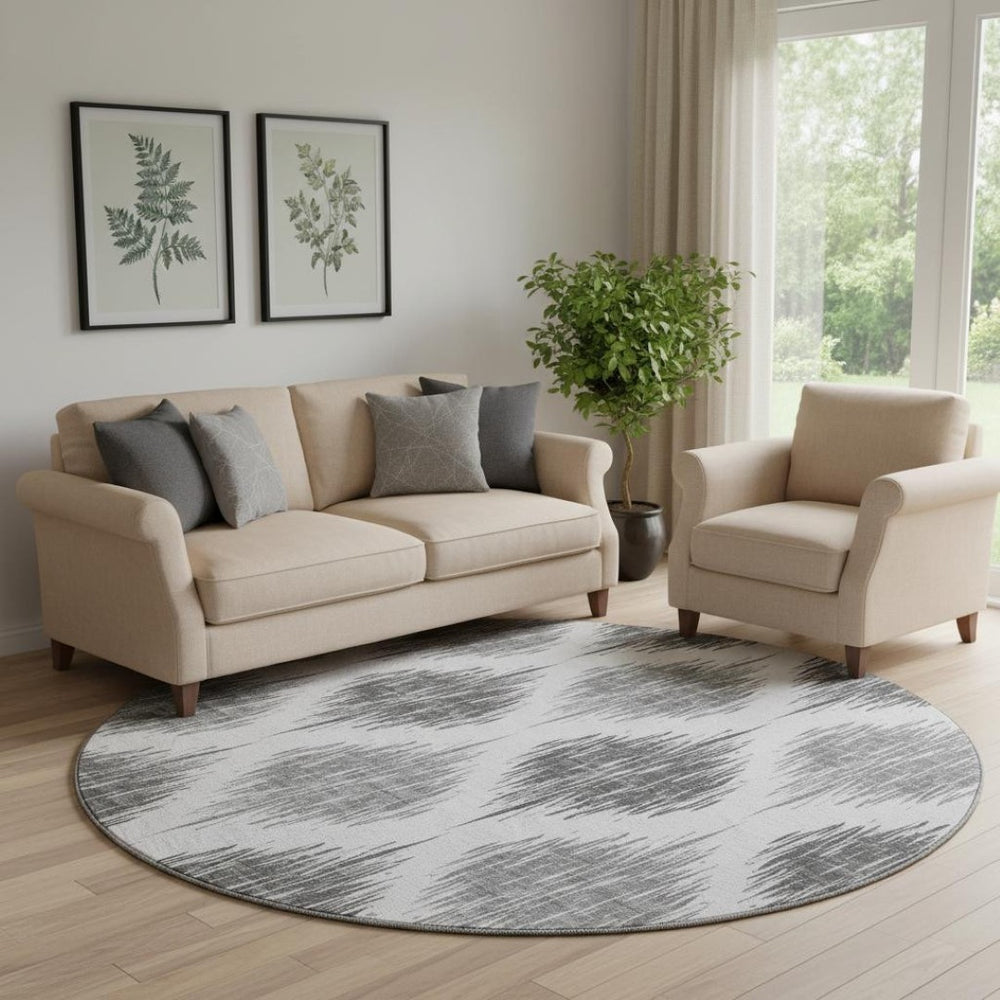 HomeRoots 8' Gray and Ivory Ikat Round Rug - Washable, UV-Protected, Stain-Resistant for High-Traffic Homes 667482