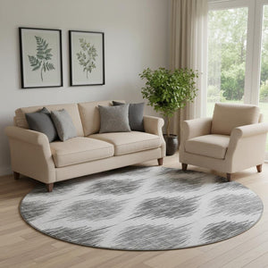 HomeRoots 8' Gray and Ivory Ikat Round Rug - Washable, UV-Protected, Stain-Resistant for High-Traffic Homes 667482