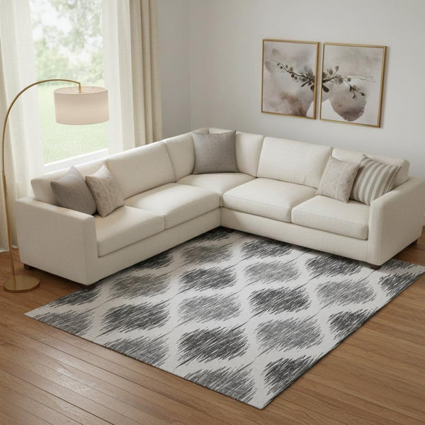 HomeRoots 8' X 10' Gray & Ivory Ikat Washable Area Rug - Durable, Stain-Resistant with UV Protection for Homes 667483