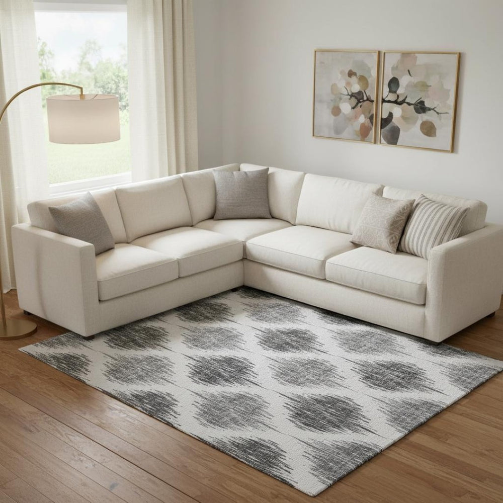 HomeRoots 9' X 12' Gray And Ivory Ikat Area Rug – Durable, Washable & UV Protected for High-Traffic Spaces 667484