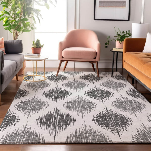 HomeRoots 10' X 14' Gray and Ivory Ikat Area Rug - Washable, UV-Protected, Durable for Busy Homes and Style 667485