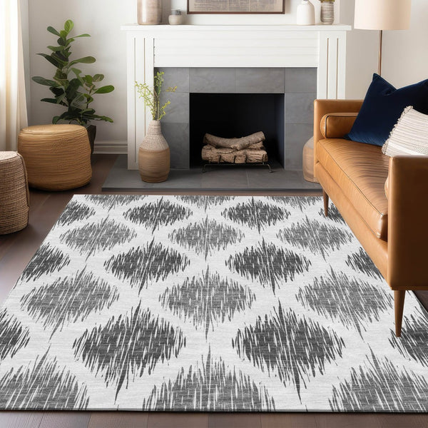 HomeRoots 10' X 14' Gray and Ivory Ikat Area Rug - Washable, UV-Protected, Durable for Busy Homes and Style 667485