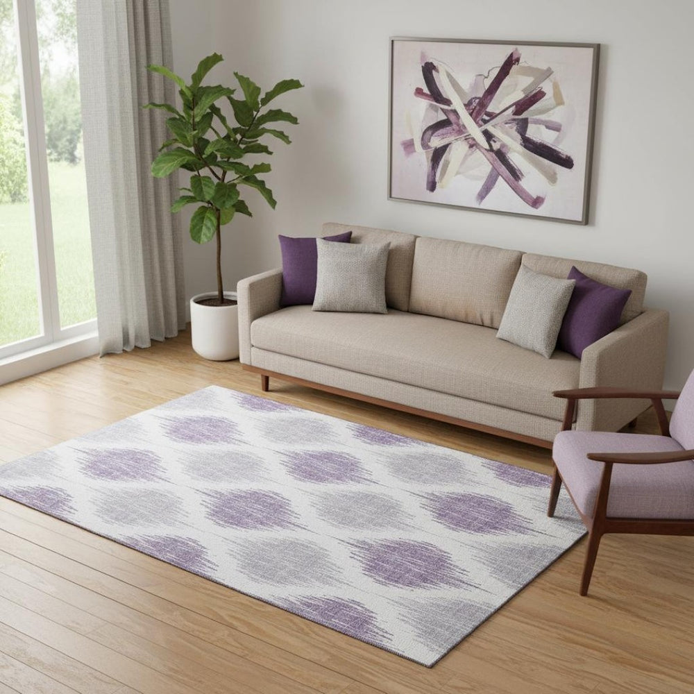 HomeRoots 5' X 8' Stylish Lavender & Ivory Ikat Area Rug - Washable, UV Resistant, Perfect for High-Traffic Spaces 667487