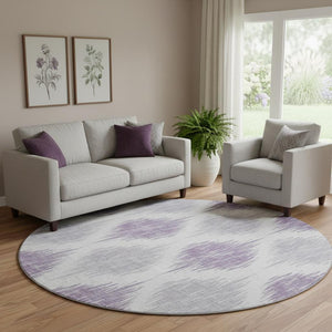 HomeRoots 8' Lavender Ikat Washable Round Rug - UV Protected, Stain Resistant, Durable for Modern Homes 667488