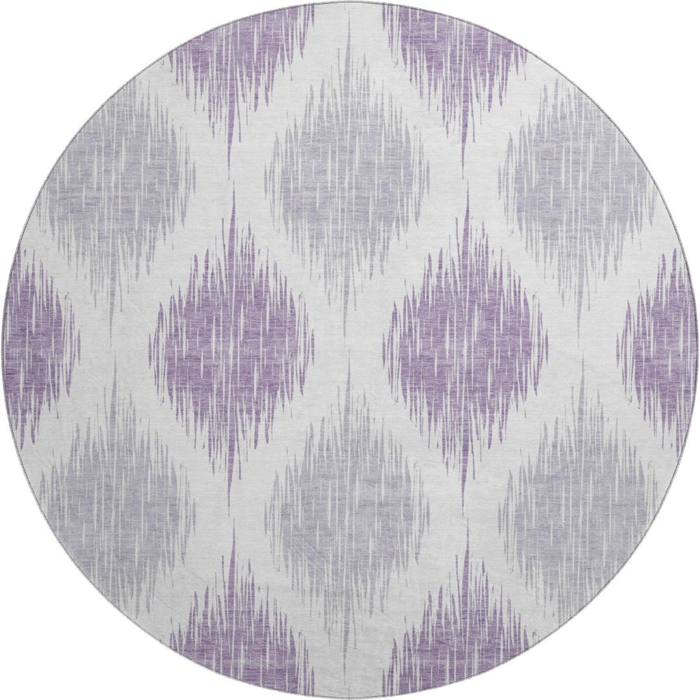 HomeRoots 8' Lavender Ikat Washable Round Rug - UV Protected, Stain Resistant, Durable for Modern Homes 667488