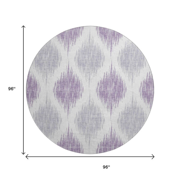 HomeRoots 8' Lavender Ikat Washable Round Rug - UV Protected, Stain Resistant, Durable for Modern Homes 667488