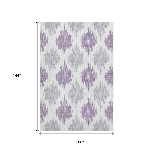 HomeRoots 9' X 12' Stylish Lavender & Ivory Ikat Area Rug - Washable, UV Protected, Perfect for High-Traffic Spaces 667490