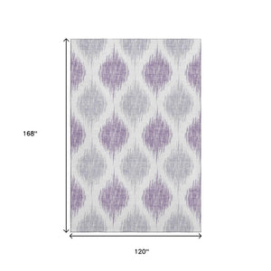 HomeRoots 10' X 14' Ikat Area Rug in Lavender & Ivory - Washable, Durable, UV-Protected for Family Spaces 667491