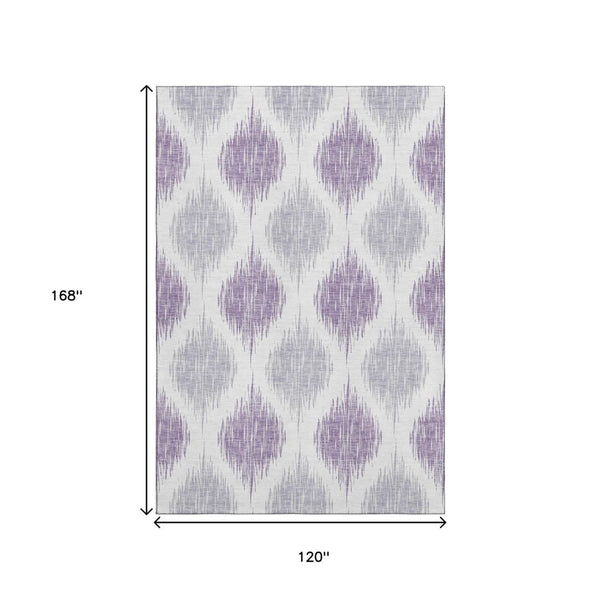 HomeRoots 10' X 14' Ikat Area Rug in Lavender & Ivory - Washable, Durable, UV-Protected for Family Spaces 667491