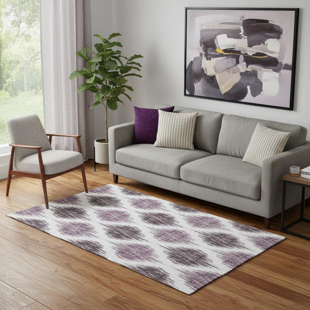 HomeRoots 5' X 8' Ikat Area Rug in Purple & Ivory – Washable, UV Protected, Stain Resistant, Durable Design 667493