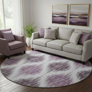 HomeRoots 8' Purple And Ivory Ikat Washable Round Rug - Durable, UV-Protected Beauty for Every Space! 667494