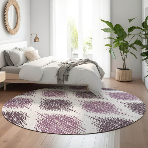 HomeRoots 8' Purple And Ivory Ikat Washable Round Rug - Durable, UV-Protected Beauty for Every Space! 667494