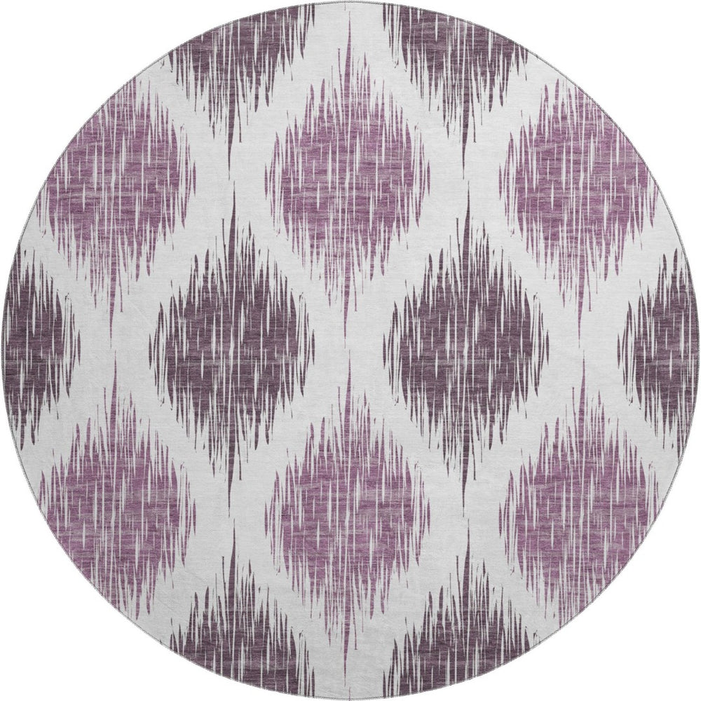 HomeRoots 8' Purple And Ivory Ikat Washable Round Rug - Durable, UV-Protected Beauty for Every Space! 667494