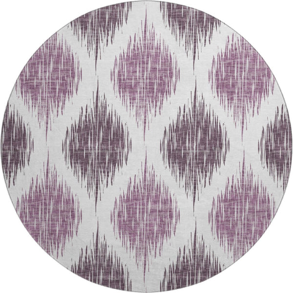 HomeRoots 8' Purple And Ivory Ikat Washable Round Rug - Durable, UV-Protected Beauty for Every Space! 667494