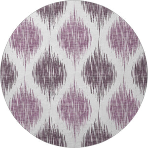 HomeRoots 8' Purple And Ivory Ikat Washable Round Rug - Durable, UV-Protected Beauty for Every Space! 667494