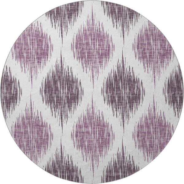 HomeRoots 8' Purple And Ivory Ikat Washable Round Rug - Durable, UV-Protected Beauty for Every Space! 667494